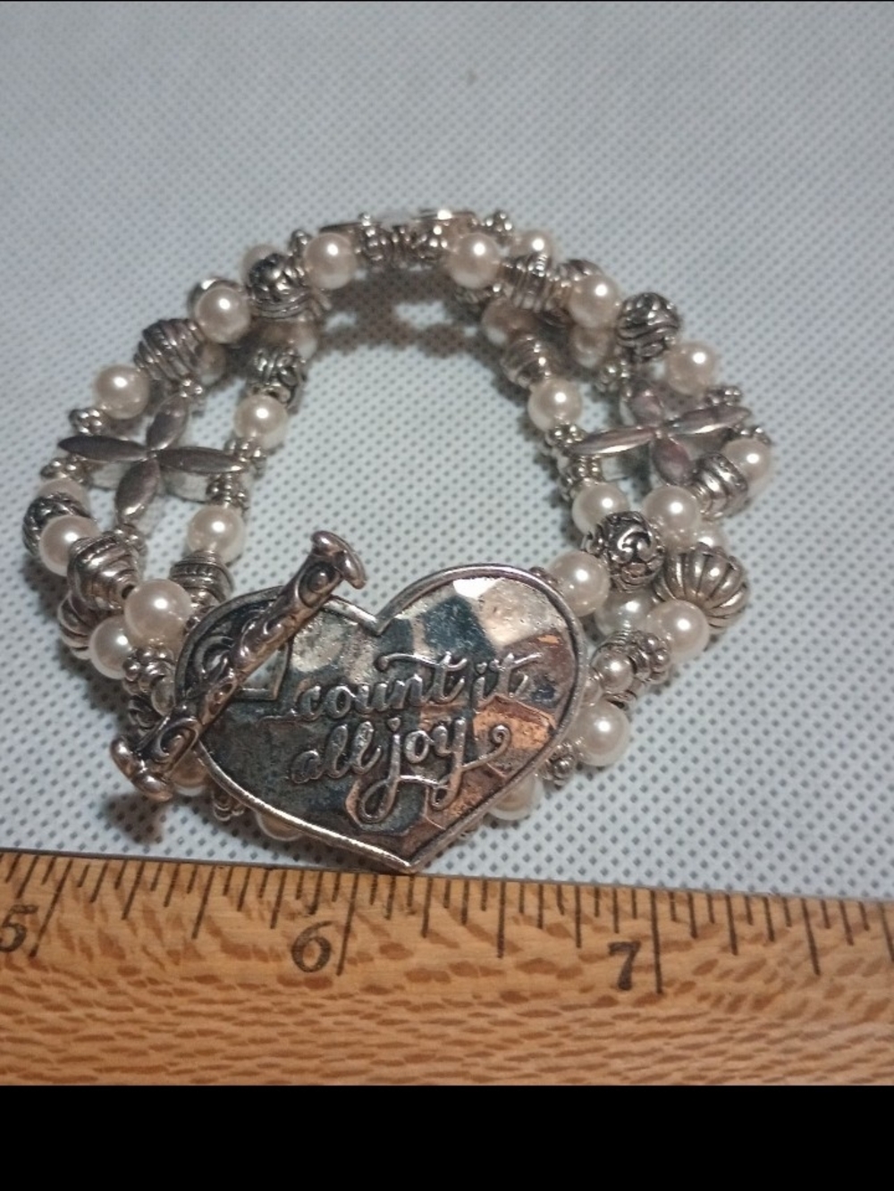 Silver-Tone Pearl Multi-Strand Bracelet with Heart Toggle
